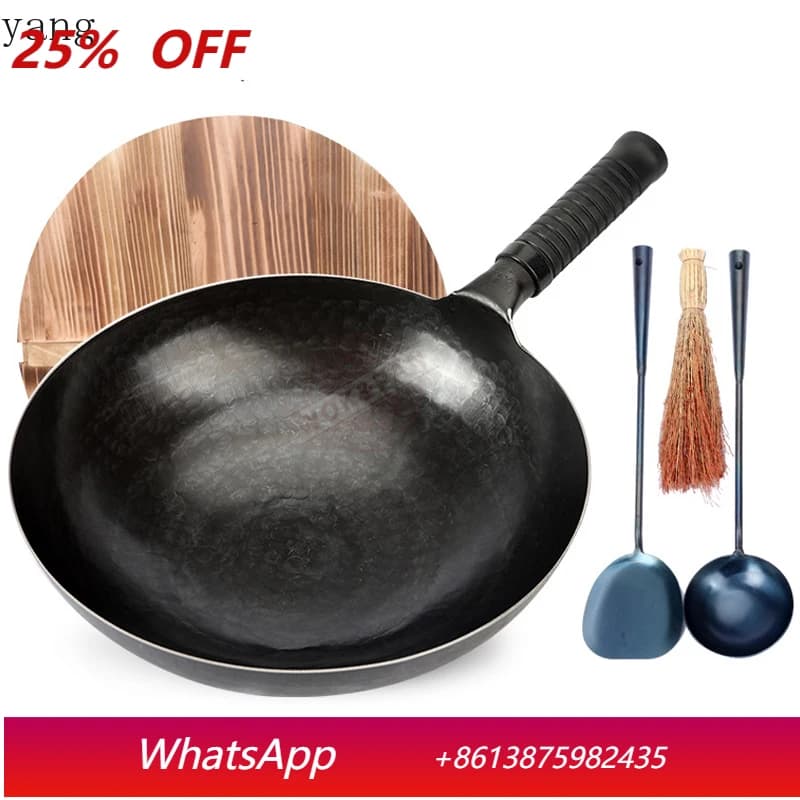 Set di wok cinesi in ferro martellato a mano, padelle per stir-fry con coperchio in legno, spatola, cucchiaio e pennello, wok da cucina per fornelli a gas