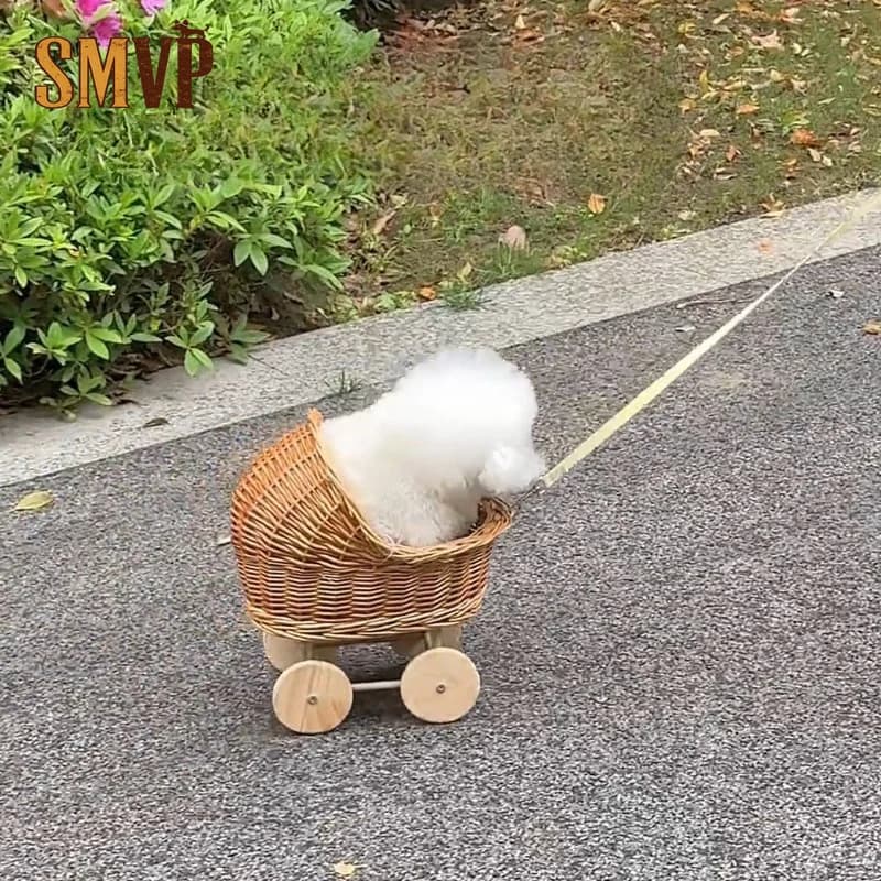 Hand‑Woven Wicker Pet Stroller Cart Small Animal Hand‑Push Trolley Basket for Cat Dog Small Pet Outdoor Walking Travel Carrier