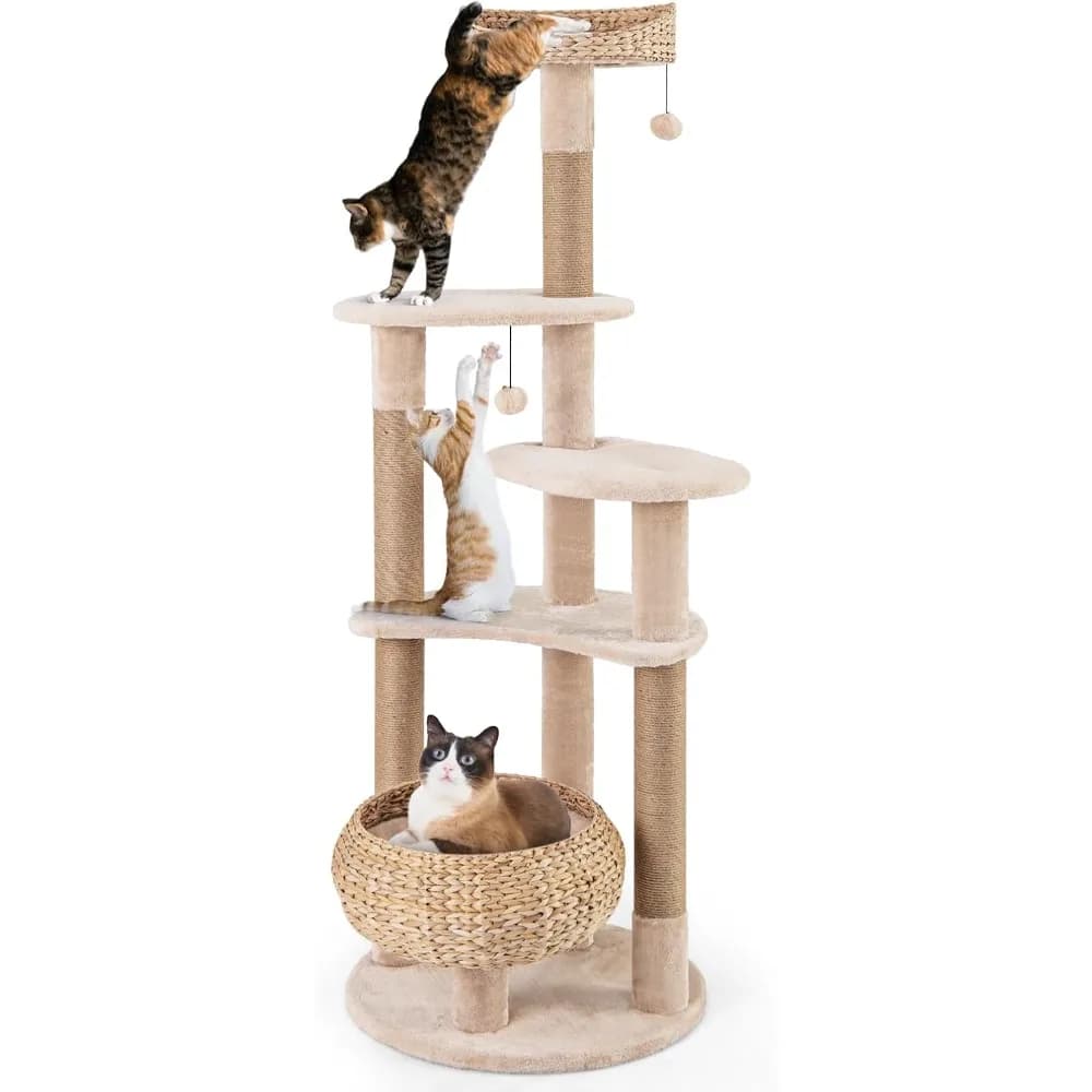 PETSITE Torre per albero per gatti a coda di cavallo da 65 pollici, torre per gatti multilivello con tiragraffi in iuta naturale, letto per gatti, pesce persico superiore, pendente B