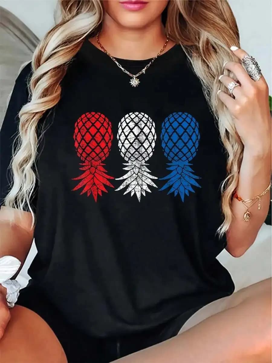 Patriotic Independence Day Novelty Apparel T‑Shirt July Upside Down Pineapple Red White Blue Crew Neck Short Sleeve Casual Graphic Tops