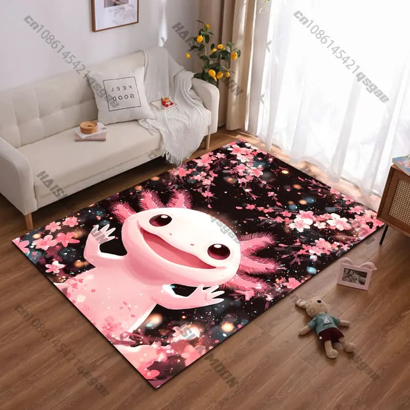 Axolotl cheerful among flowers, yoga mat, decoration for living room, baby mat, grass, carpet for play area