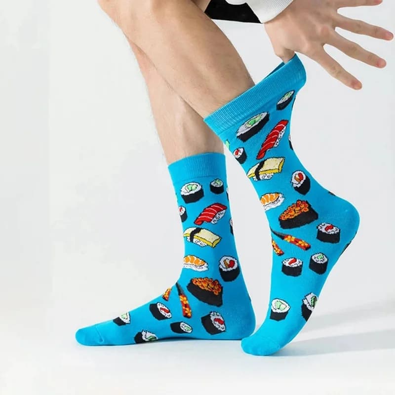 1 Pair Novelty Food Socks Men Creative Hamburger Fries Sushi Pattern Mid-Calf Socks Fun Gift for Food Lovers Blue Black New 2026