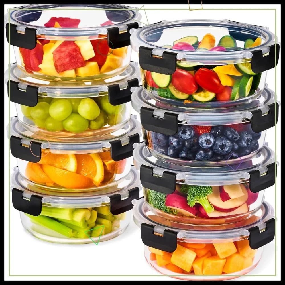 Set di 16 Contenitori in Vetro per Preparazione Pasti: 8 Ciotole Rotonde da 32oz con Coperchi Ermetici, Adatte per Congelatore, Lavastoviglie e Forno