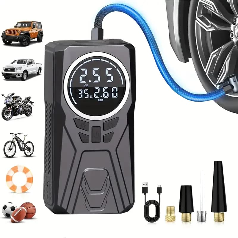 Compressore d'aria portatile per pompa d'aria per auto senza fili - Gonfiatore per pneumatici con luci a LED a indicatore digitale per palla da bicicletta per moto