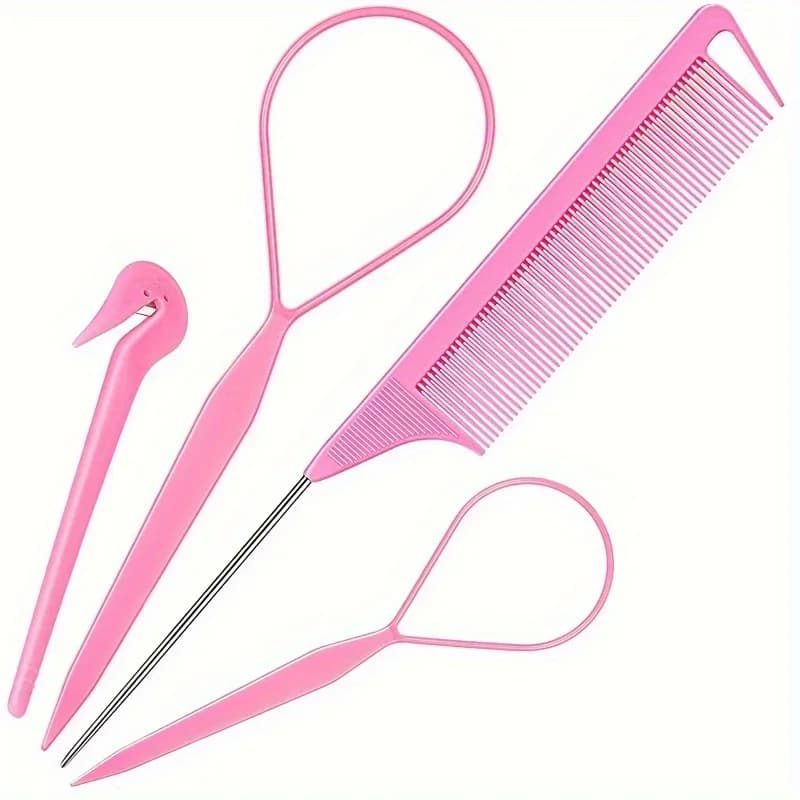Set of 4 Hair Tools: 2 French Braiding Tools, 1 Top Coda Comb, 1 Hair Elastic Size