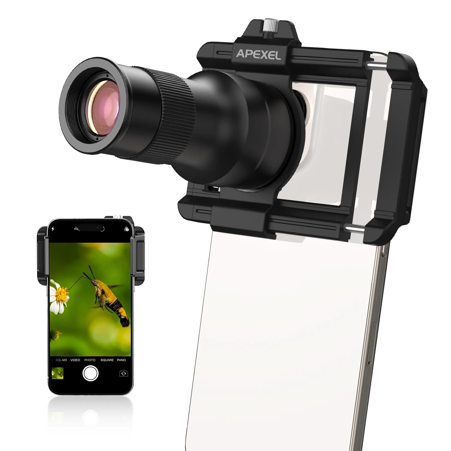 Obiettivo macro e teleobiettivo 2 in 1 APEXEL, lente telescopica 6X per iPhone e altri smartphone, accessori per fotografia con cellulare.
