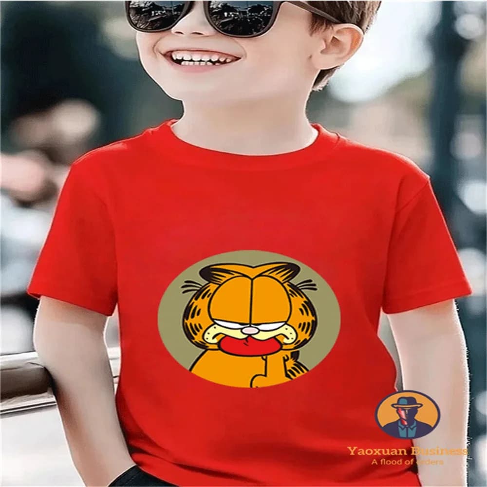2-14Y Round Neck Loose Fit Pure Cotton T Shirt The Garfield Show Anime Print Summer Cool Outfit