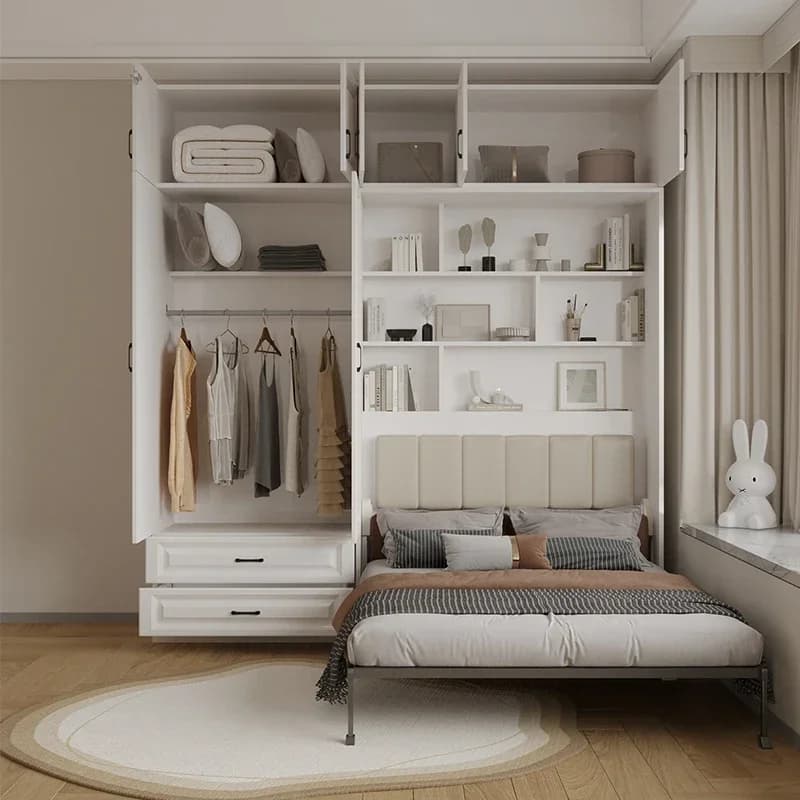 Letto Murphy completo con armadio organizer con cassetti Letto full size Salvaspazio per dormire per letto multiuso