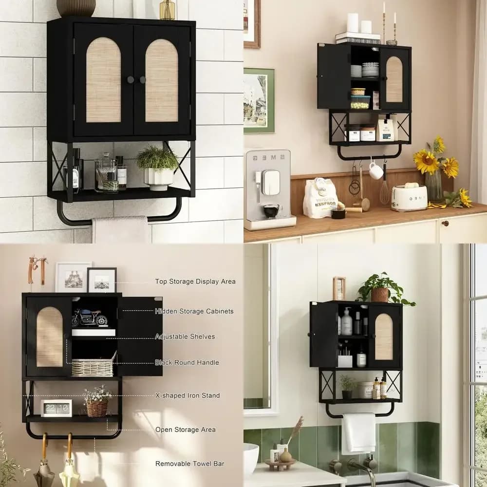 Mobiletto da parete in rattan stile Boho, mobiletto sopra il WC con porta ad arco, armadietto per medicinali, ripiani regolabili e portasciugamani, nero, S