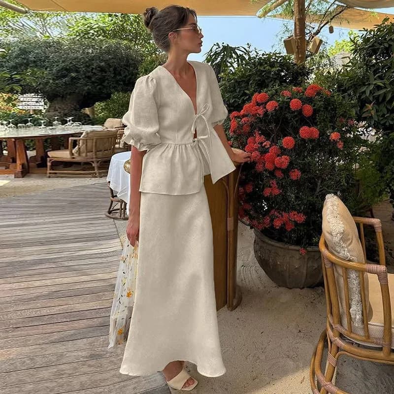 Women Two-Piece Set 2026 Summer Cotton V-Neck Lace Up Bubble Sleeve Blouse Long Skirt Loose Casual Daily Holiday Outfit
