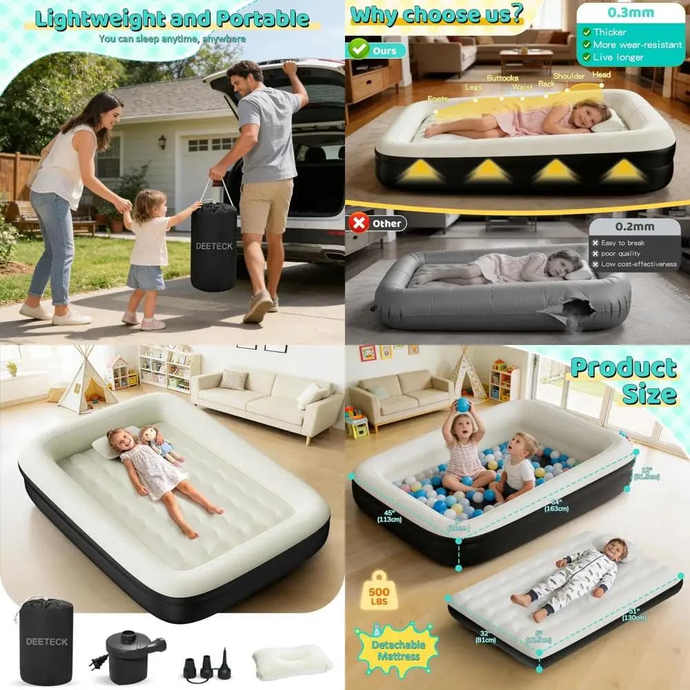 Portable Air Mat for Children with Safety Sides, Electric Pump and Transport Bag - Light Travel Cot for Kids for Outdoor Sleep