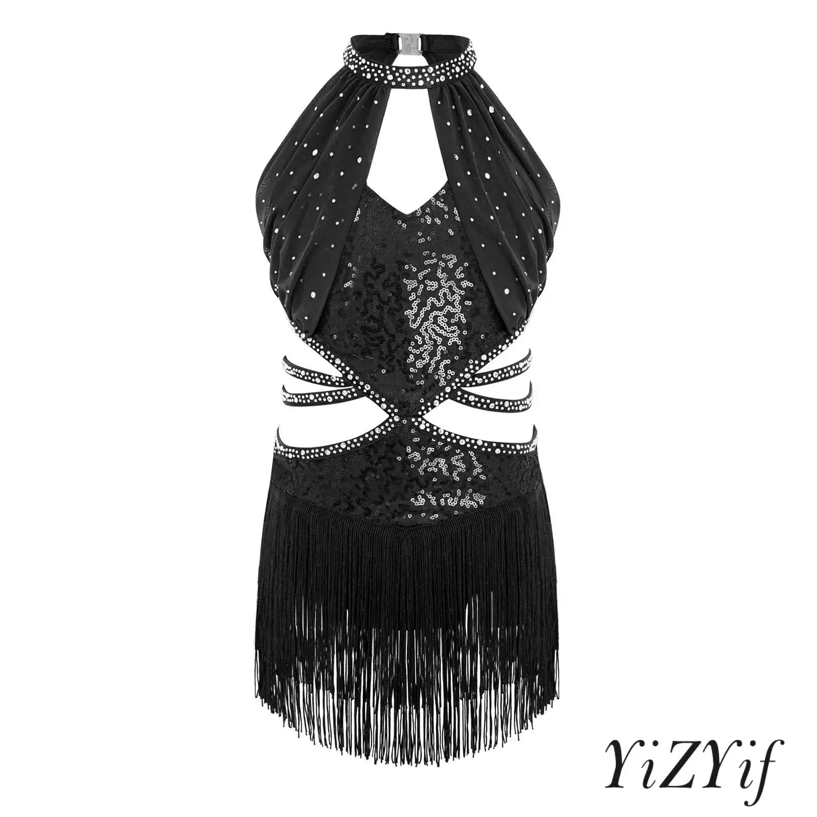 Kids Girls Samba Salsa Dance Costume Lyrical Latin Dance Leotard Dress Rhinestones Halter Sleeveless Tassel Bodysuit Dancce Wear