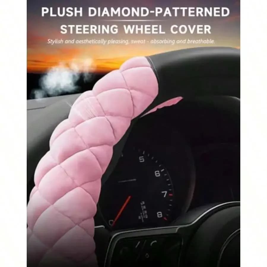 Plush Diamond-Patterned Steering Wheel Cover Aesthetic Sweat-Absorbing Breathable Universal Car Accessory Pink
