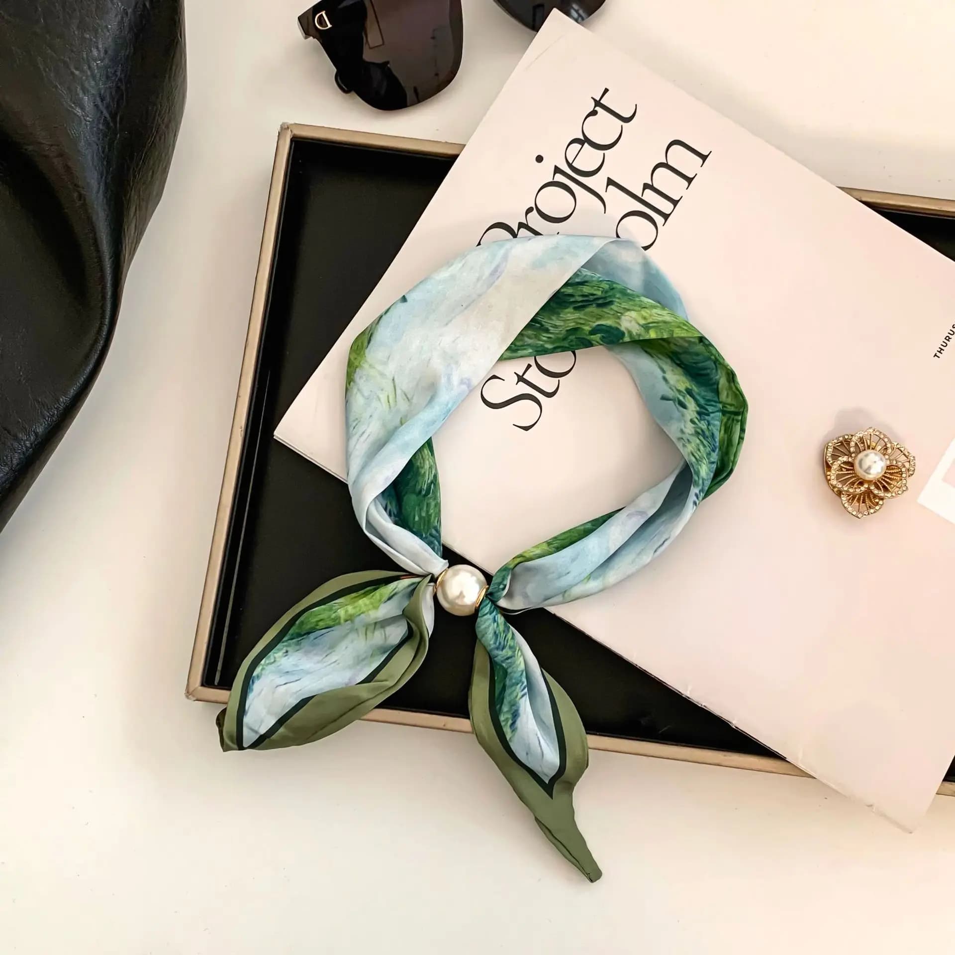 Silk Scarf with Floral Pattern Cashew, Stylish Neck Scarf with Pearl Necklace and Magnetic Clasp, Neckline