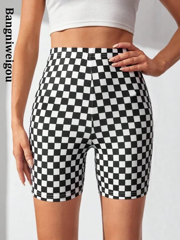 Bangniweigou Pantaloncini da motociclista Ciclismo Pantaloni da jogging fitness stampati a quadretti in bianco e nero Plaid