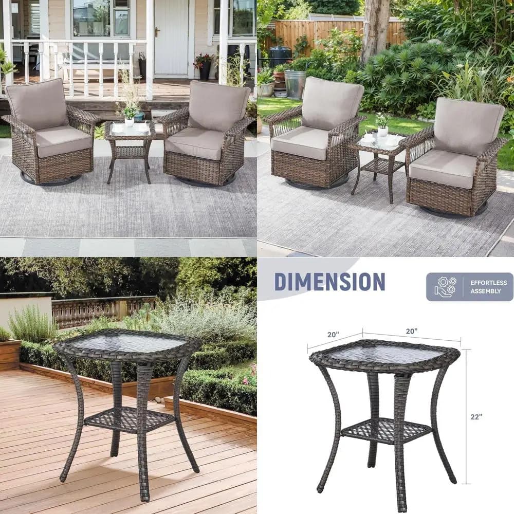 Set di 2 Sedie Girevoli in Vimini con Tavolino Laterale, Set di 3 Pezzi per Arredo Patio con Cuscini Grigi per Spazi Esterni