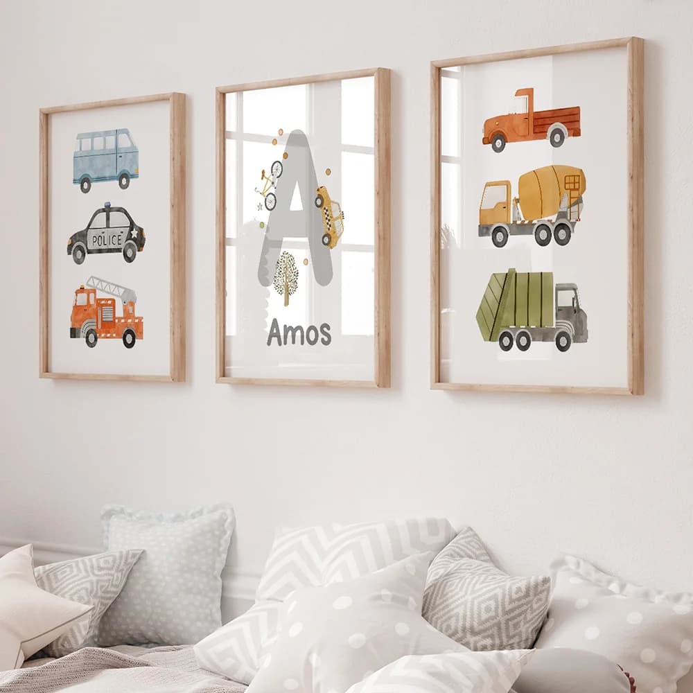 Nome personalizzato Cartoon Car Canvas Painting Alfabeto Veicolo Wall Art Boy Girl Room Wall Art Nursery Decor Immagine giocosa Senza cornice