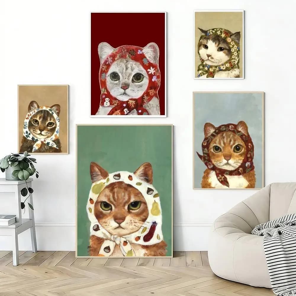 Poster con gatto carino con sciarpa, decorazione autoadesiva per camera da letto, casa, adesivo da parete, stampe, pittura, soggiorno, ufficio