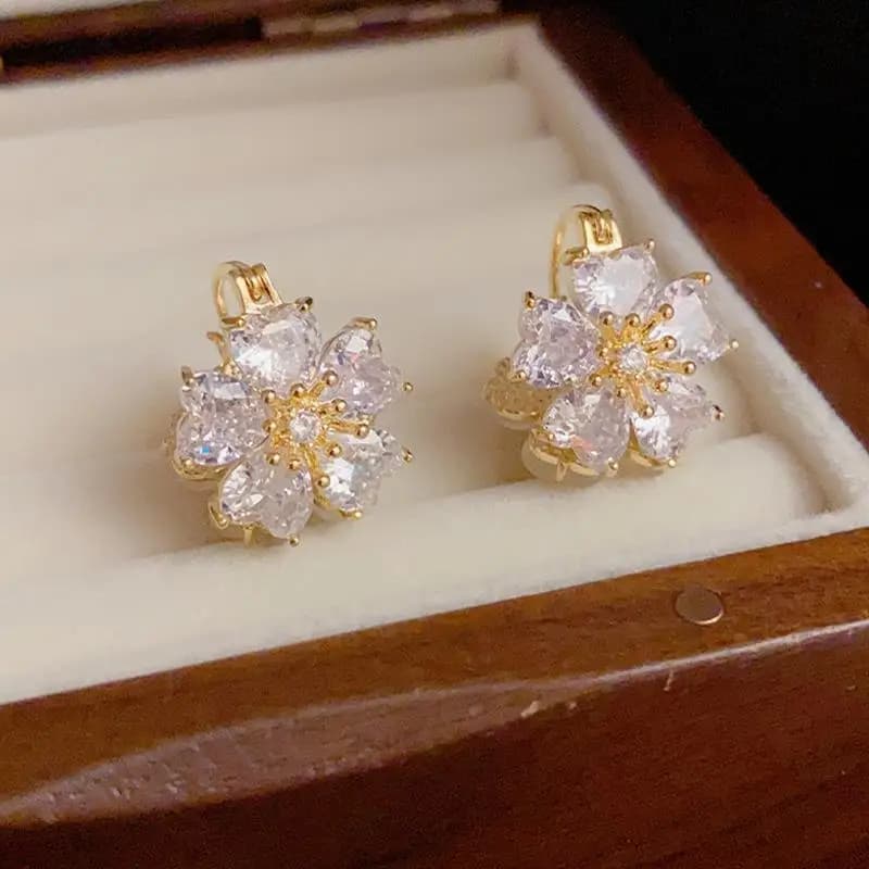 Gold Tone Heart Cut Cubic Zirconia Cherry Blossom Clip On Earrings Sparkling Floral Non-pierced Earrings Elegant Women Jewelry Gift