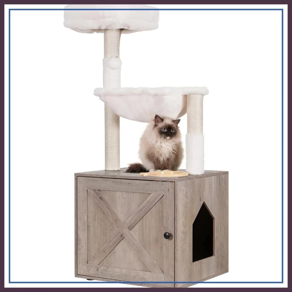 Albero per Gatti Tutto-in-Uno con Box Lettiera, Torre per Gatti da Interno con Amaca, Cuccia, Tiragraffi, Arredamento Moderno per Animali Domestici, Grigio Rustico