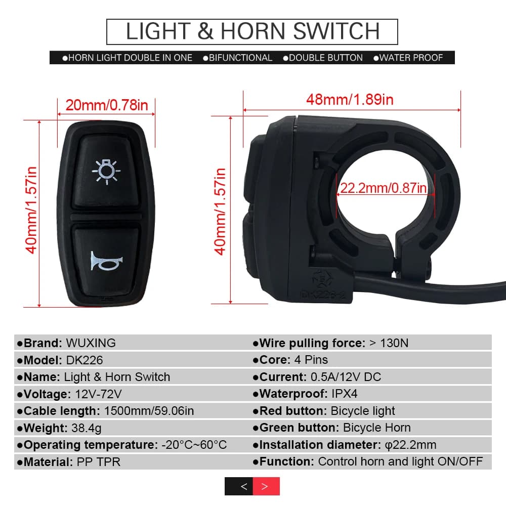 Interruttore luce e clacson Ebike, faro, bici elettrica, scooter, anteriore, coda, posteriore, spie, parti, accessori, 12V-72V