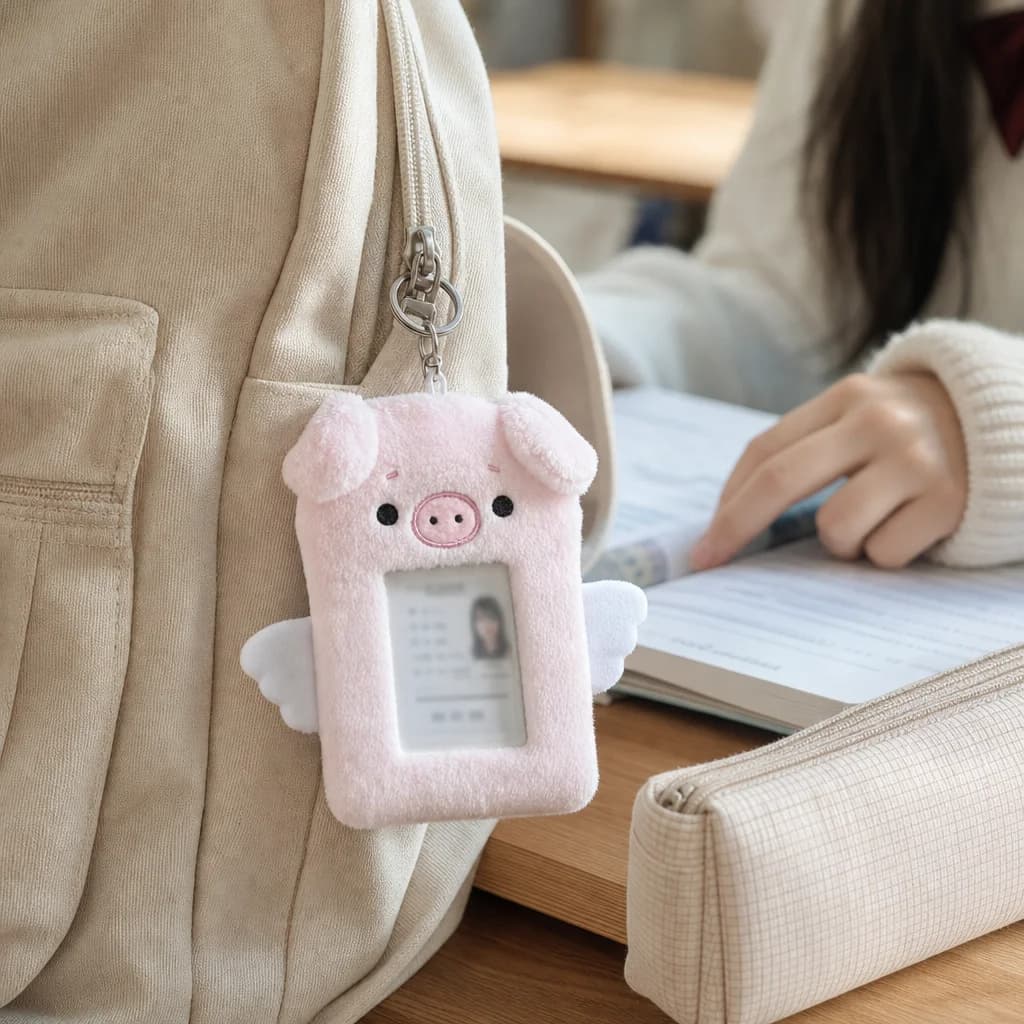 Pink Cute Angel Key Rings Pig Plush Card Holder 3 Inch Kawaii Fuzzy Pvc Window ID Compact Protective Case Transit Card Key Chain