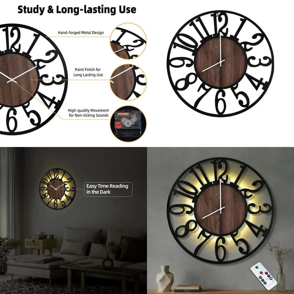 Great Wall Clock 30 Poles with Adjustable Night Light, Metal Rustic Design and Battery Wood for Living Furniture, Arabic Numbers