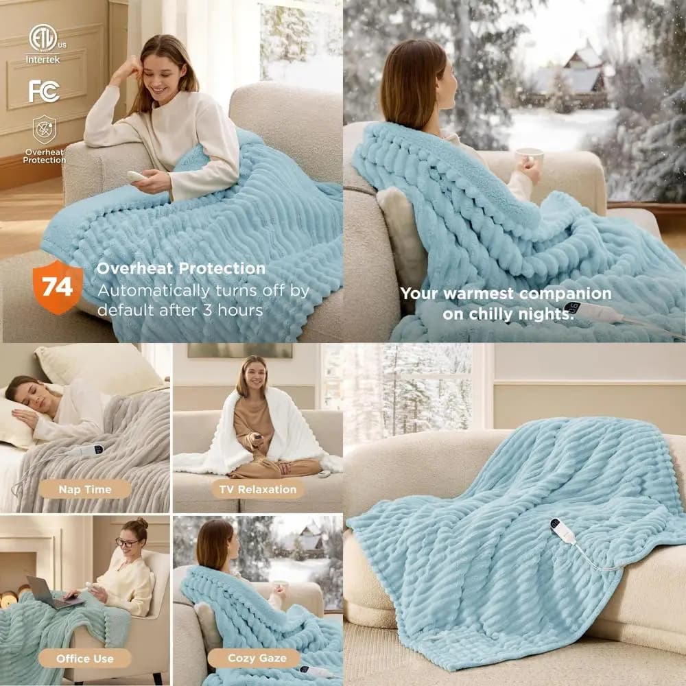 Coperta Elettrica in Flanella a Righe Spesse con 4 Timer, 6 Livelli di Calore e Spegnimento Automatico dopo 3 Ore per Nonna (50x60, Azzurro)