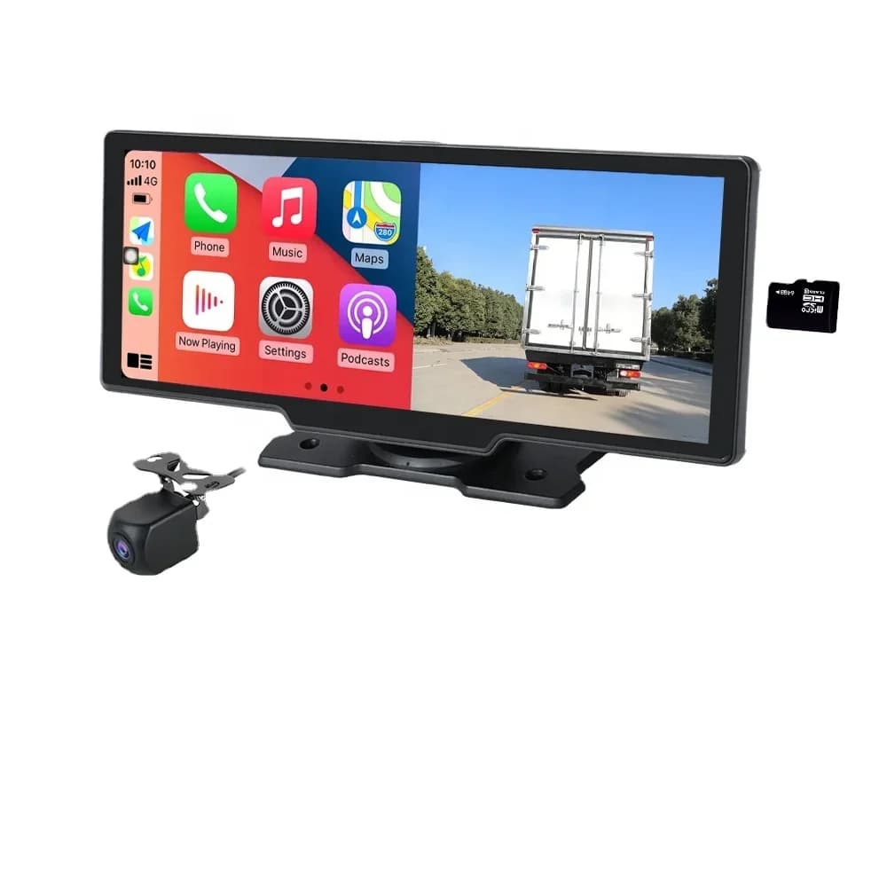Sunwayi portable autoradio with 10.26 inch wireless CarPlay, GPS navigation monitor with Dash Cam and DVR driver.