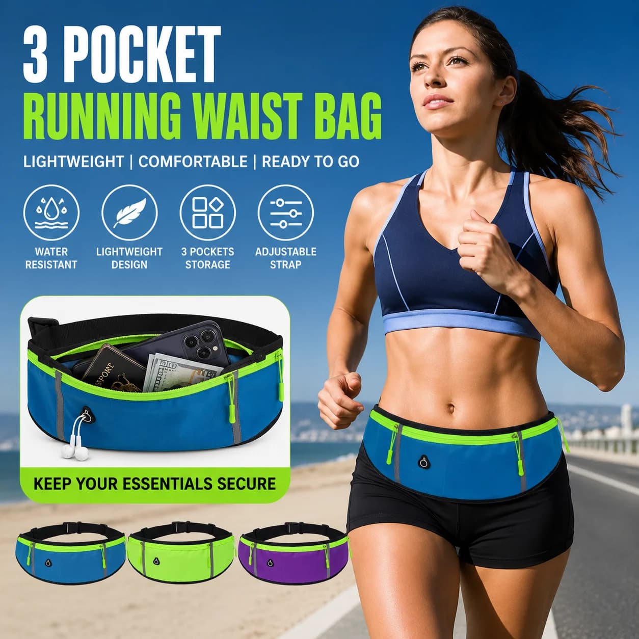 Simple Multifunctional Waist Pack With Reflective Strip Three Pockets Wearable Belt Storage Bag For Gym Outdoor