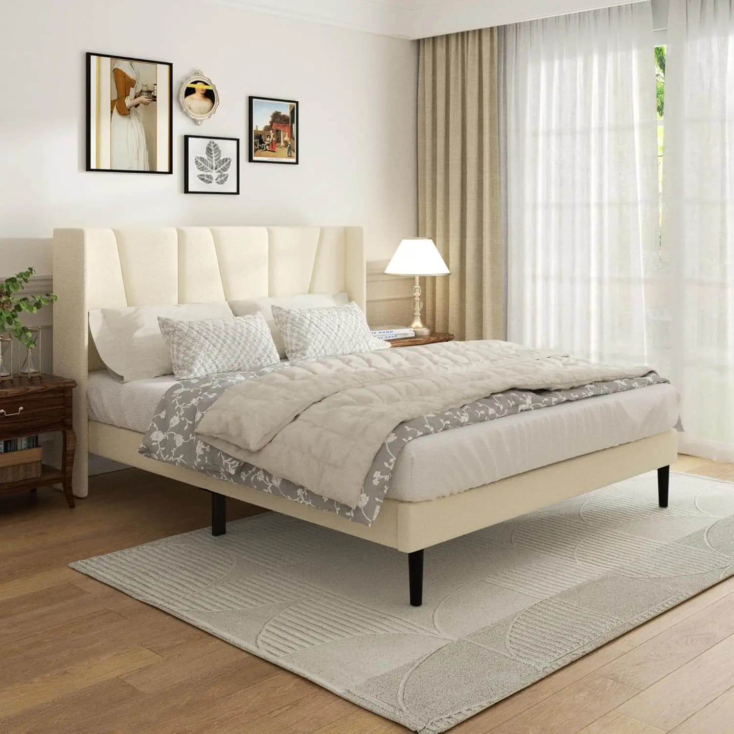 Double bed structure with headboard, double bed padded with velvet headboard, base for mattress with wooden structure