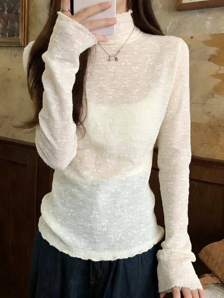 Maglietta a Rete con Bordo in Pizzo da Donna, Sottile, Collo Semi-Alto, Nuova Moda Primaverile, Morbida e Confortevole, Manica Lunga, Stile Cleanfit