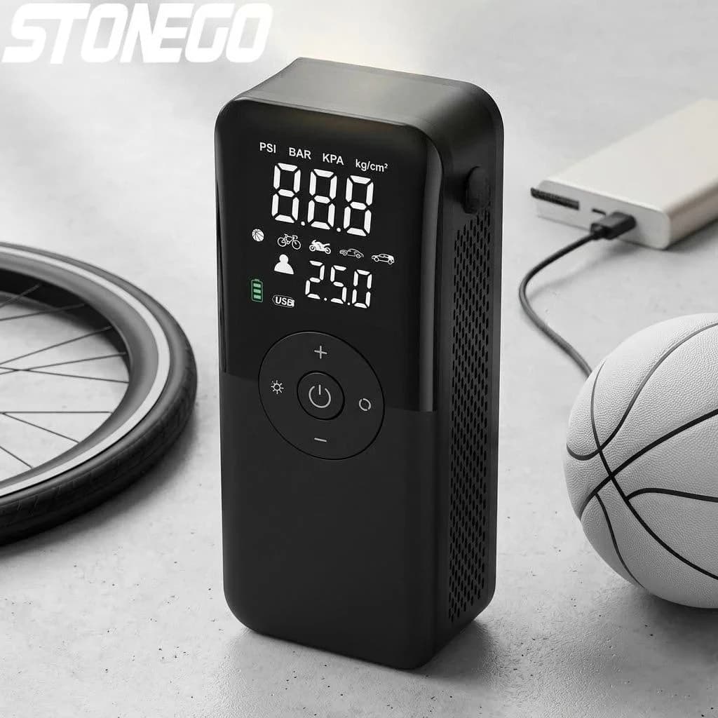 Compressore d'Aria Portatile Ricaricabile Senza Fili per Auto, Moto e Biciclette, Pompa Digitale ad Alta Pressione