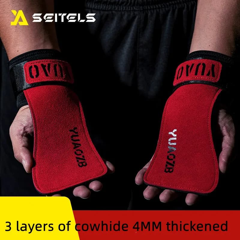 1 pair 4mm thickened gym grips bovina skin palms weight lifting fitness workout gloves grips with cuffs training equipment