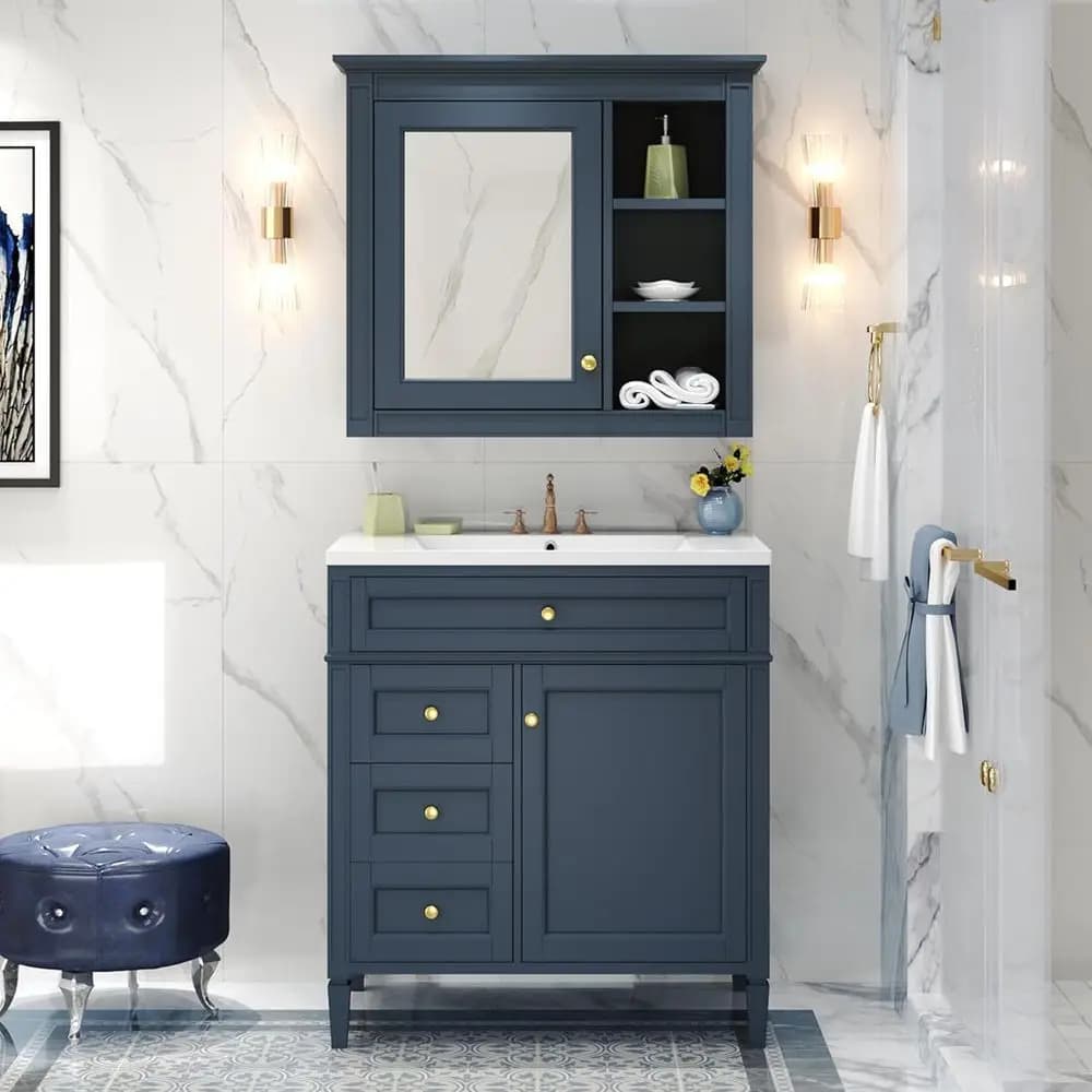 Set Mobile Bagno in Legno Massello da 30 Pollici con Lavabo, Specchio Abbinato e Armadietto Portamedicinali in Finitura Blu