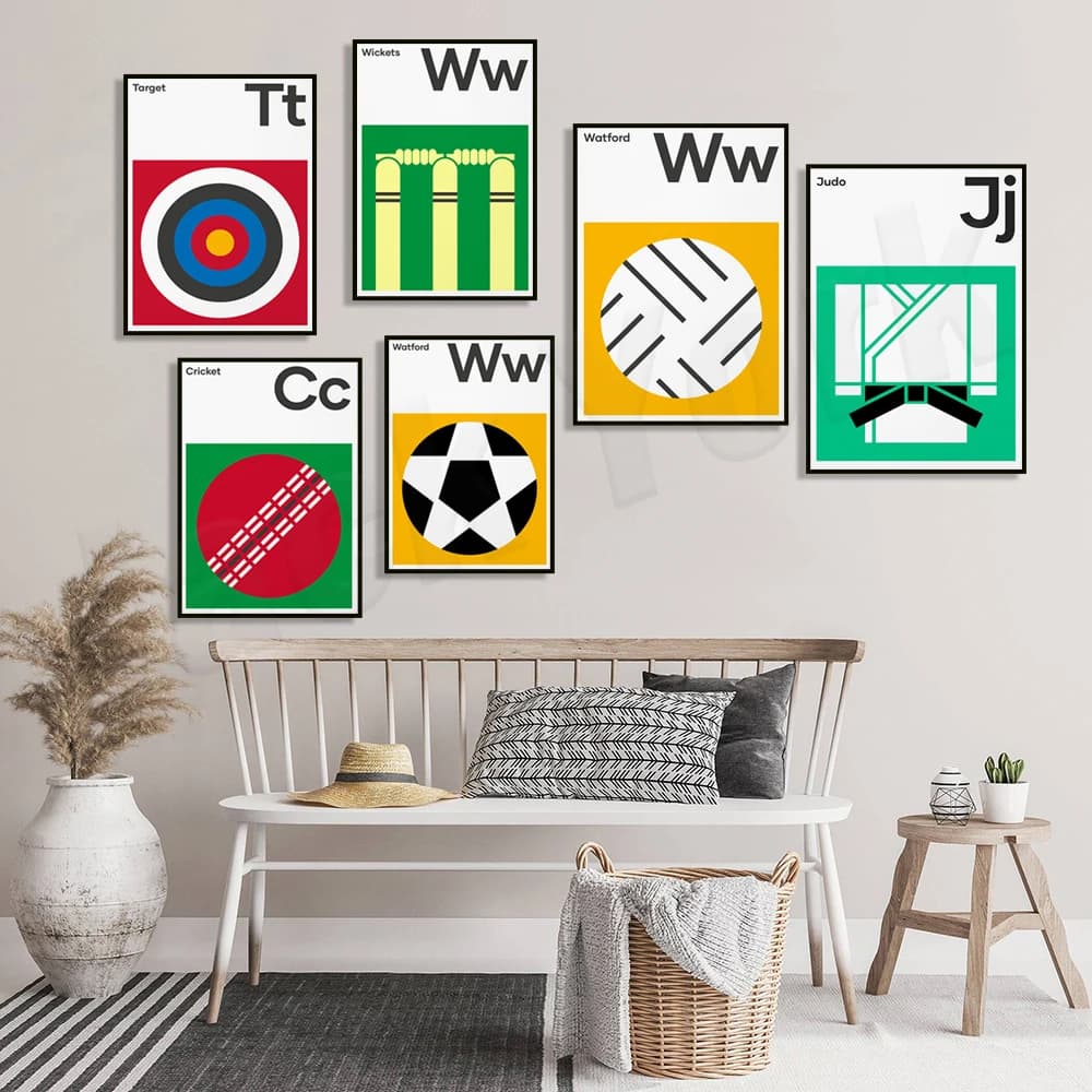 Judo, badminton, bersagli per tiro con l'arco, wickets da cricket, reti da tennis, poster di calcio, grafica e arte audace, regali per gli amanti dello sport