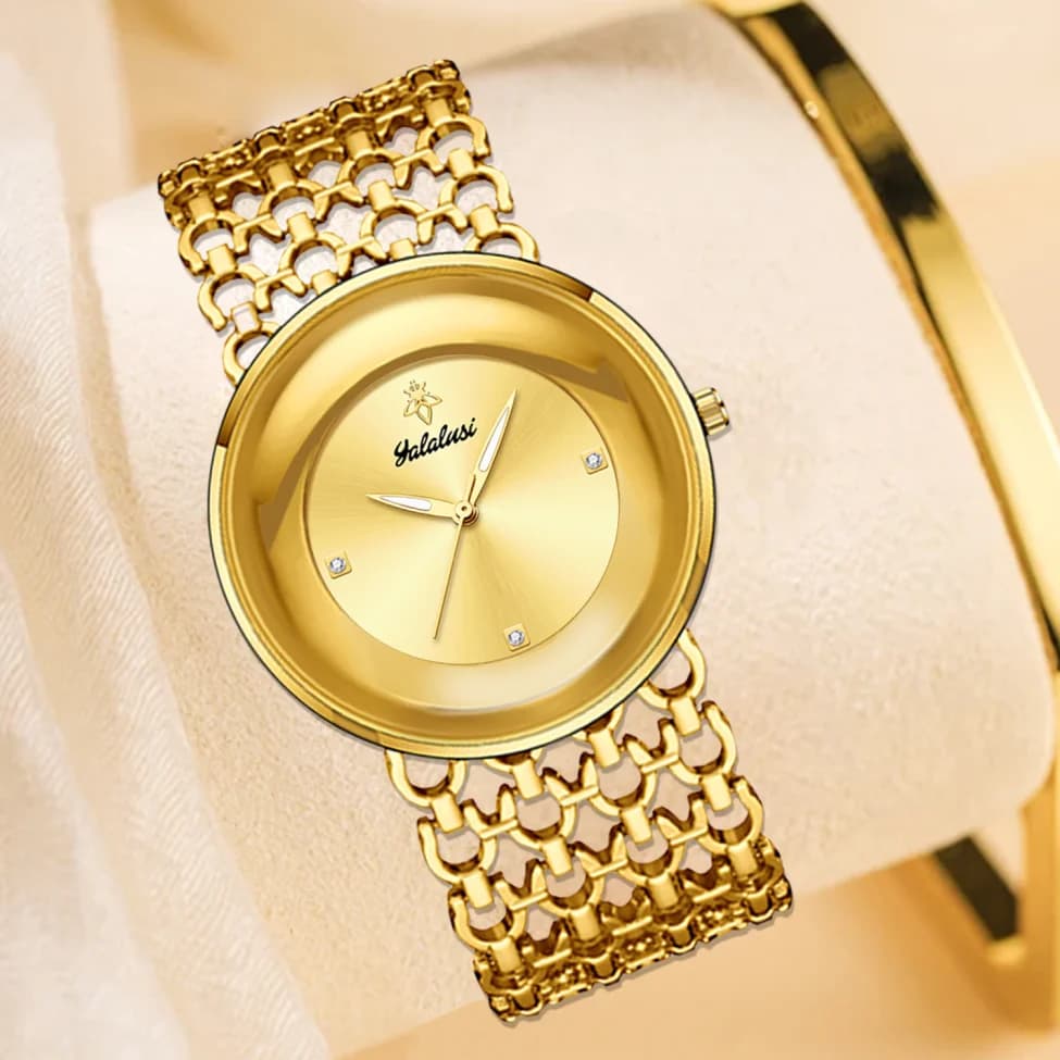 YaLaLuSi Old Money Luxury Ladies Watch Oversized Curved Round Dial Hollow Fishnet Mesh Chain Bracelet Minimal Crystal Marker Elegant Office Quartz Wristwatch For Women