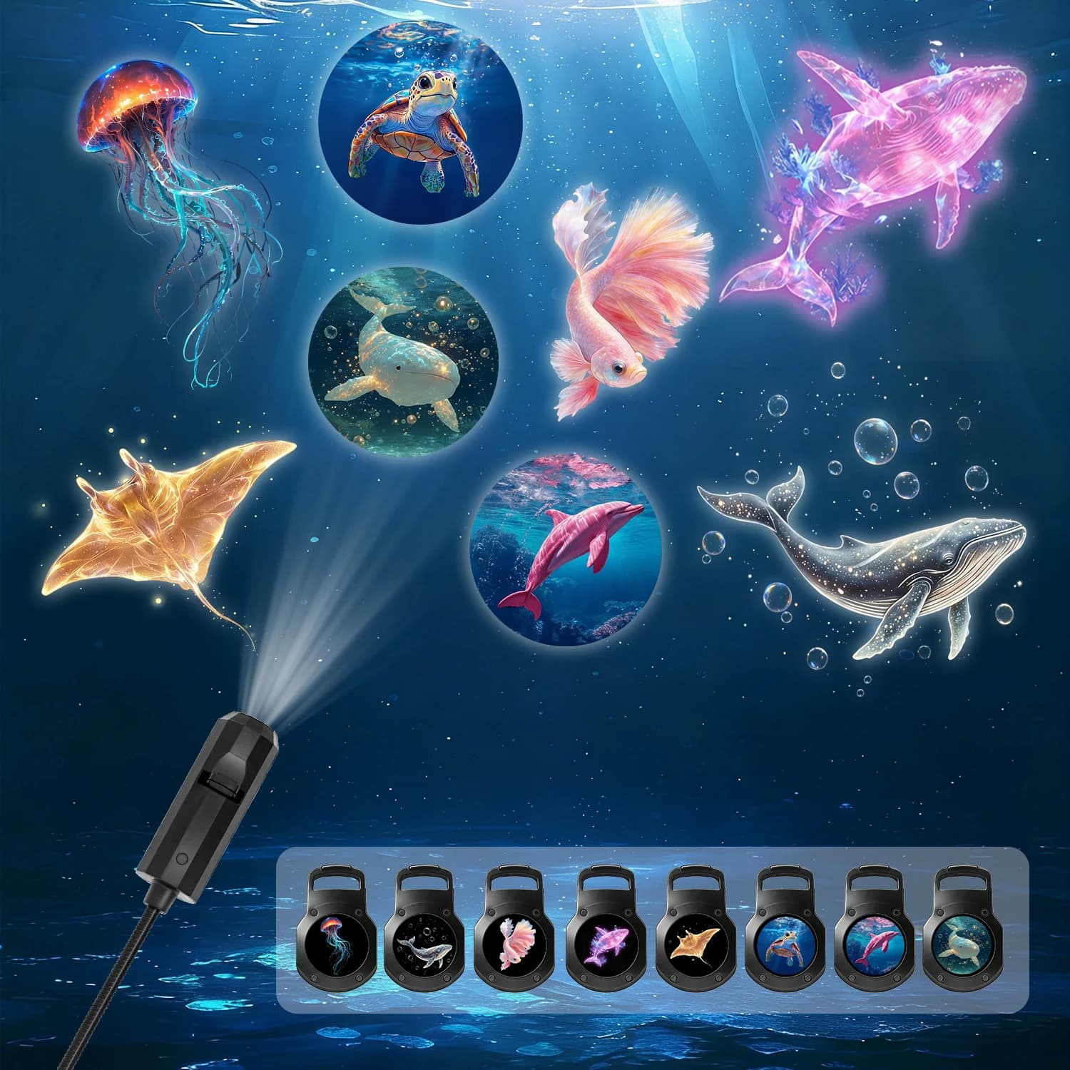 Proiettore portatile di luce marina, con 8 pannelli luminosi tra cui meduse, balene e tartarughe marine; alimentato tramite USB, 360°. ° putrido