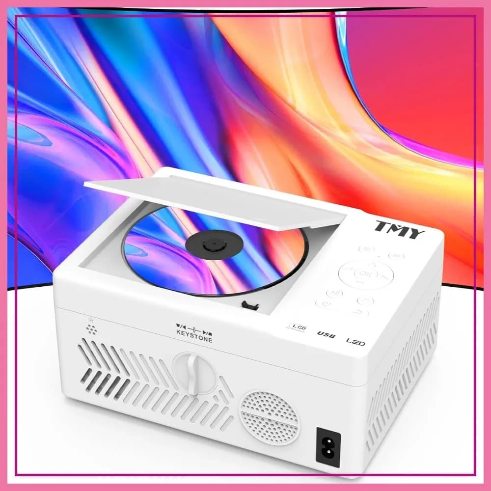 Mini Proiettore 1080P con Lettore DVD Integrato, Proiettore Portatile per Esterni Compatibile con Smartphone/PC/TV Stick/HDMI/USB/TF, Bianco