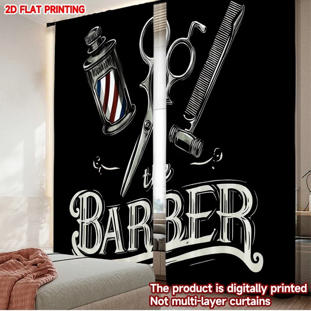 2D flat printing 2pcs Curtain Drapes Barber Tools Design Digital Printed Polyester Drapes Birthday Party for Photo Booths &