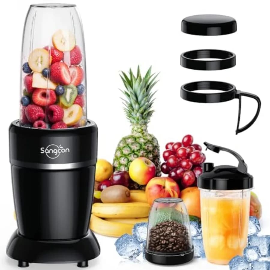 Frullatore per Smoothie da 1000W per Cucina, con 3 Bicchieri, 2 Coperchi con Beccuccio, 1 Tappo Contenitore, 1 Tappo da Asporto, Portatile B