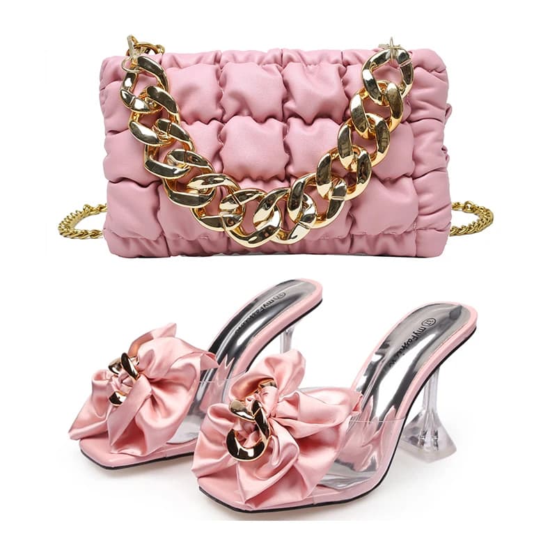 Banchetto estivo da donna Nuovo bicchiere di vino e sandali con tacco alto Sandali con fiori con fiocco grande alla moda Set di borse quadrate piccole a tracolla