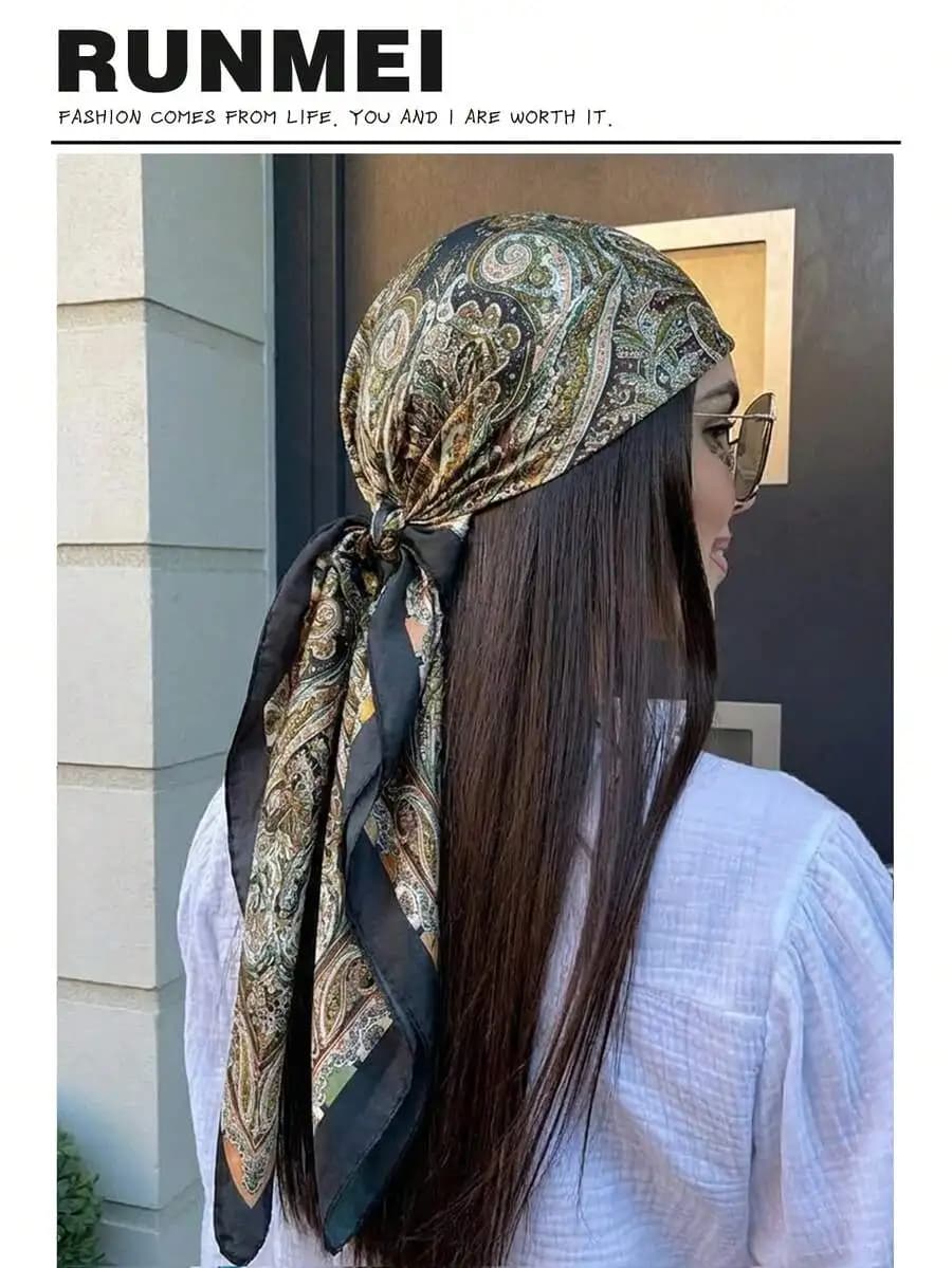 1pc Minimalist Printed Satin Square Scarf, New Spring Fashion Headscarf For Women, Can Be Used As Waistband, Bag Decoration, Rib