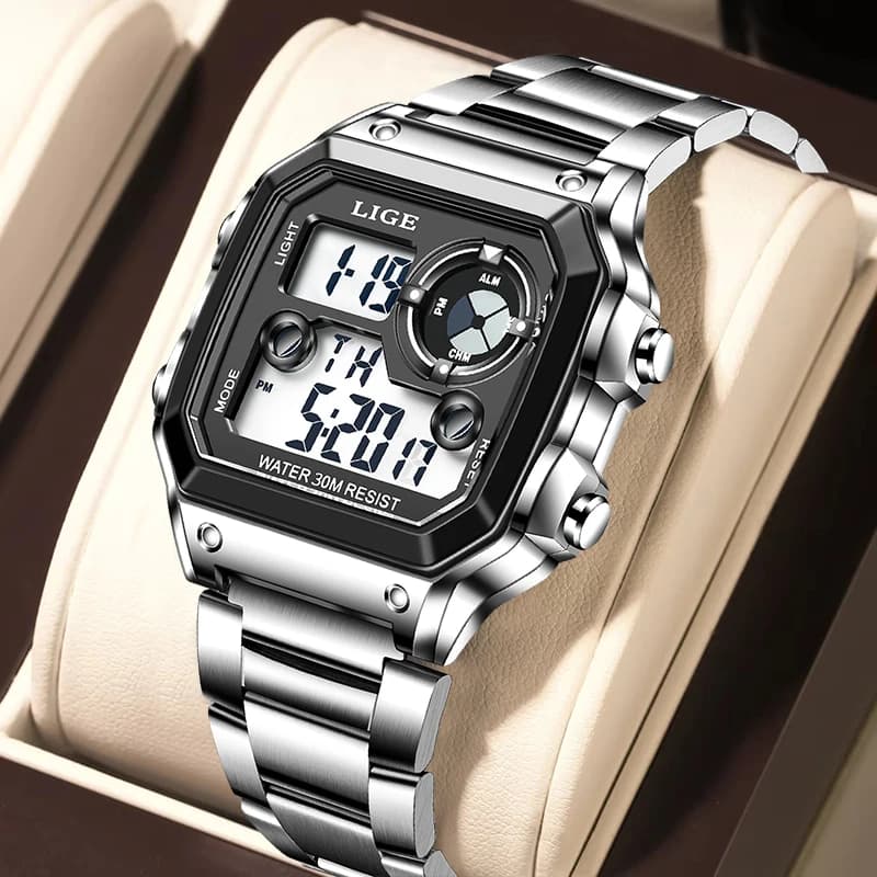 Orologio da Uomo LIGE, Elettronico, Casual, Sportivo, Impermeabile, Luminoso, con Allarme, Cinturino in Acciaio Inossidabile, Digitale, Cronografo