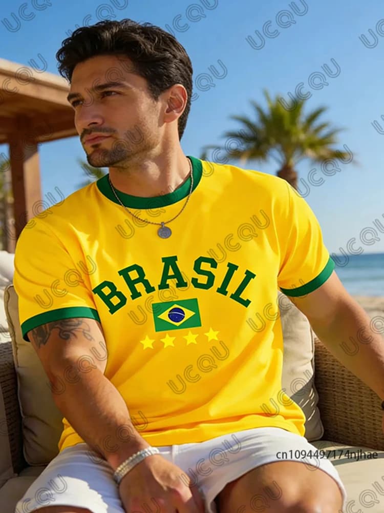 Nuova T-shirt Estiva da Uomo con Bandiera Brasiliana Stampata in 3D, Taglia Grande, Comoda e Larga, Adatta per l'Uso all'Aperto