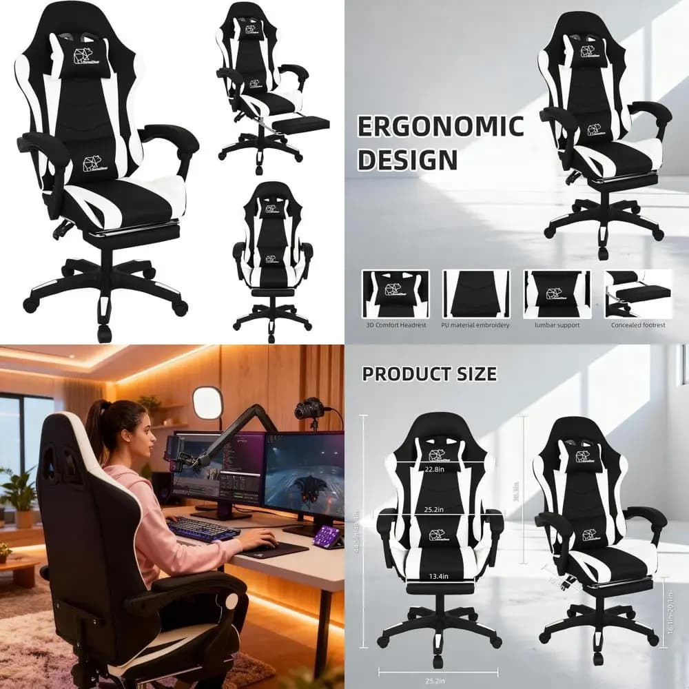 Sedia da Gaming Ergonomica Stile Racing, Acciaio al Carbonio, Arancione, Regolabile, Inclinazione a 5 Punti, 48.4x25.2x19.3 (Nero+Bianco)
