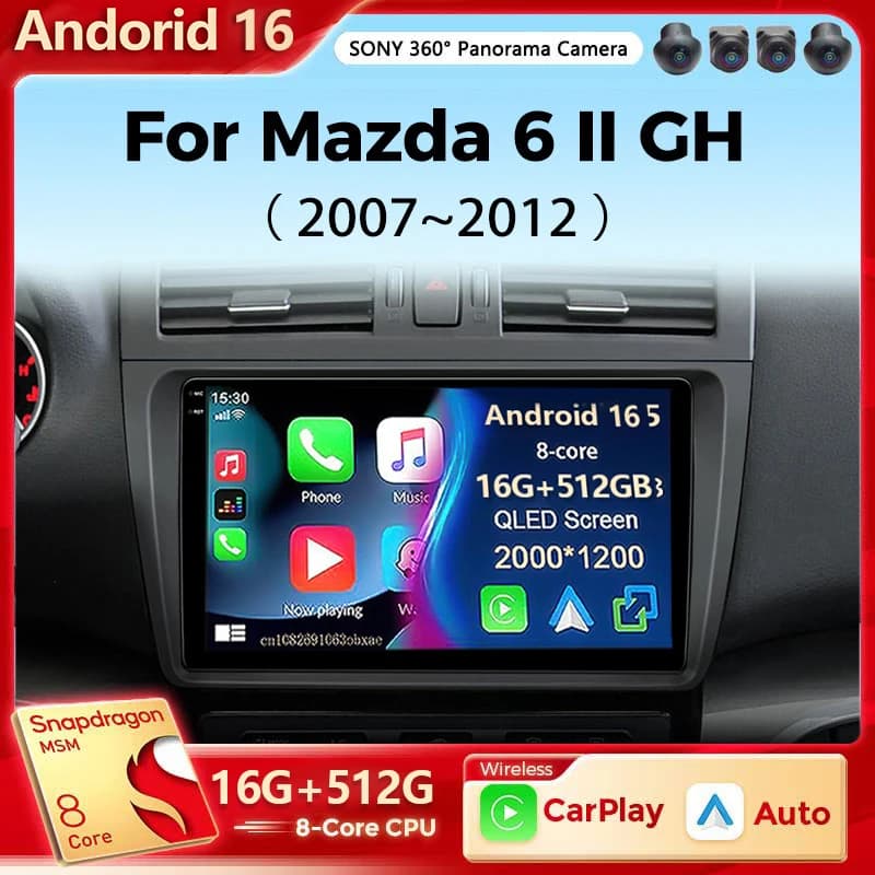 Android 15 Qualcomm Autoradio Per Mazda 6 II GH 2007-2012 Wireless Carplay Android Auto Lettore Multimediale di Navigazione Stereo DVD