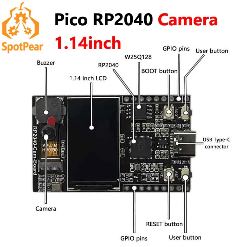 Scheda smussatrice per fotocamera Raspberry Pi Pico RP2040 LCD ST7789 da 1,14 pollici e cicalino PICO-Cam-B