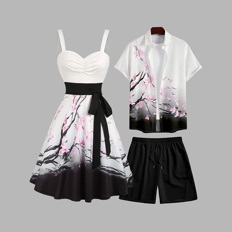 Set coordinato per coppia Dressfo: Abito con stampa sfumata a fiori di prugna e cintura, camicia con maniche arrotolabili e pantaloncini da spiaggia con coulisse – Outfit da vacanza