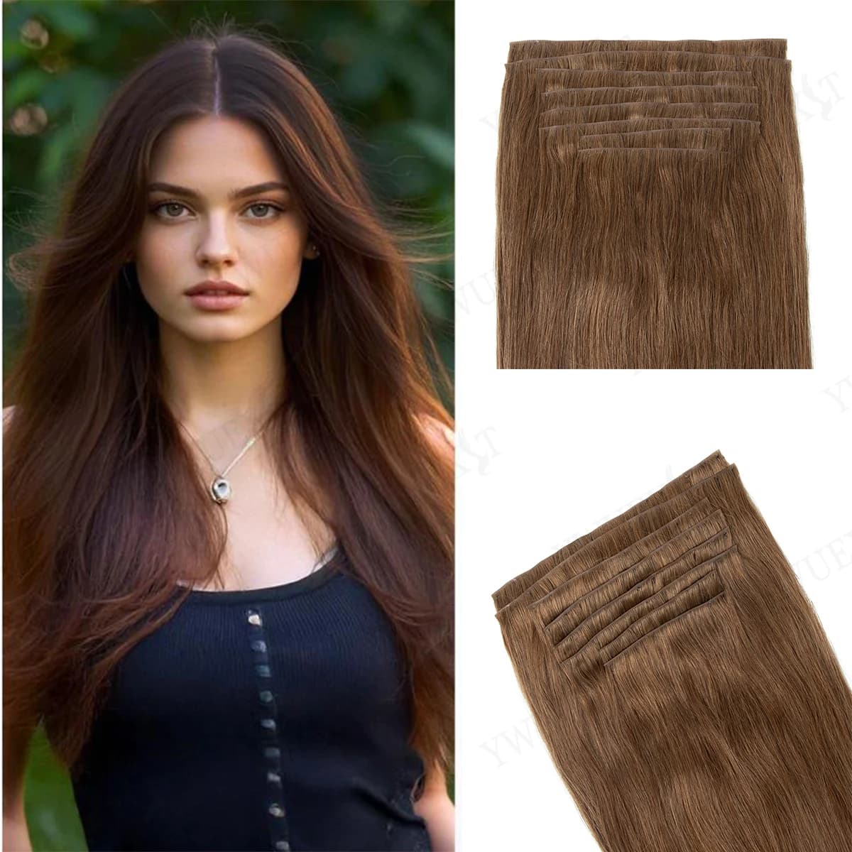 Invisible Clip in Hair Extensions 100% Human Hair Set from 7 Piece Seamless PU Ribbon Dark Brown Clip in Hair Extensions for Women